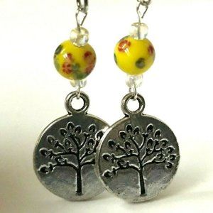 Celtic Tree of Life Murano Bead Earrings Yellow Red Silver Plated Vintage Beads